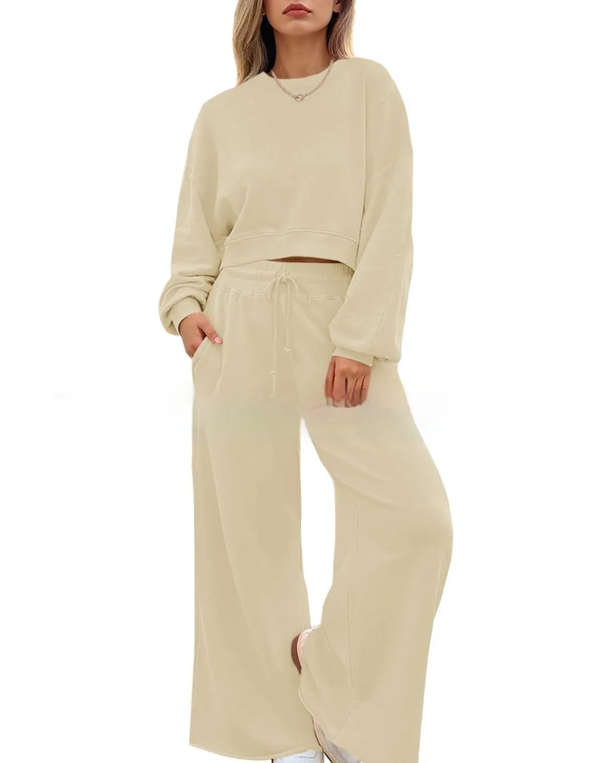 Women's solid colour casual two-piece set with long sleeves top and trousers in street hipster style