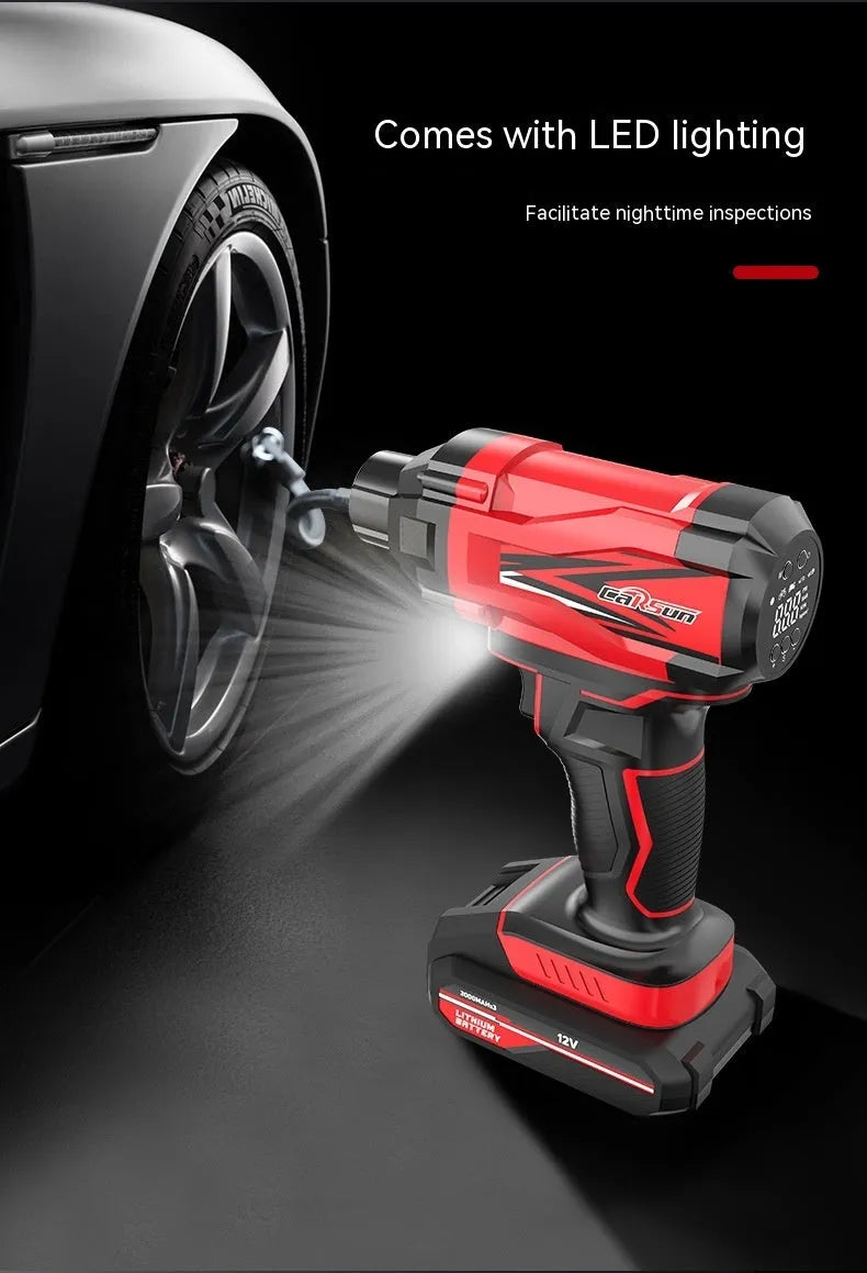 Red and black portable car air pump with digital display, power cable, and multiple nozzle attachments