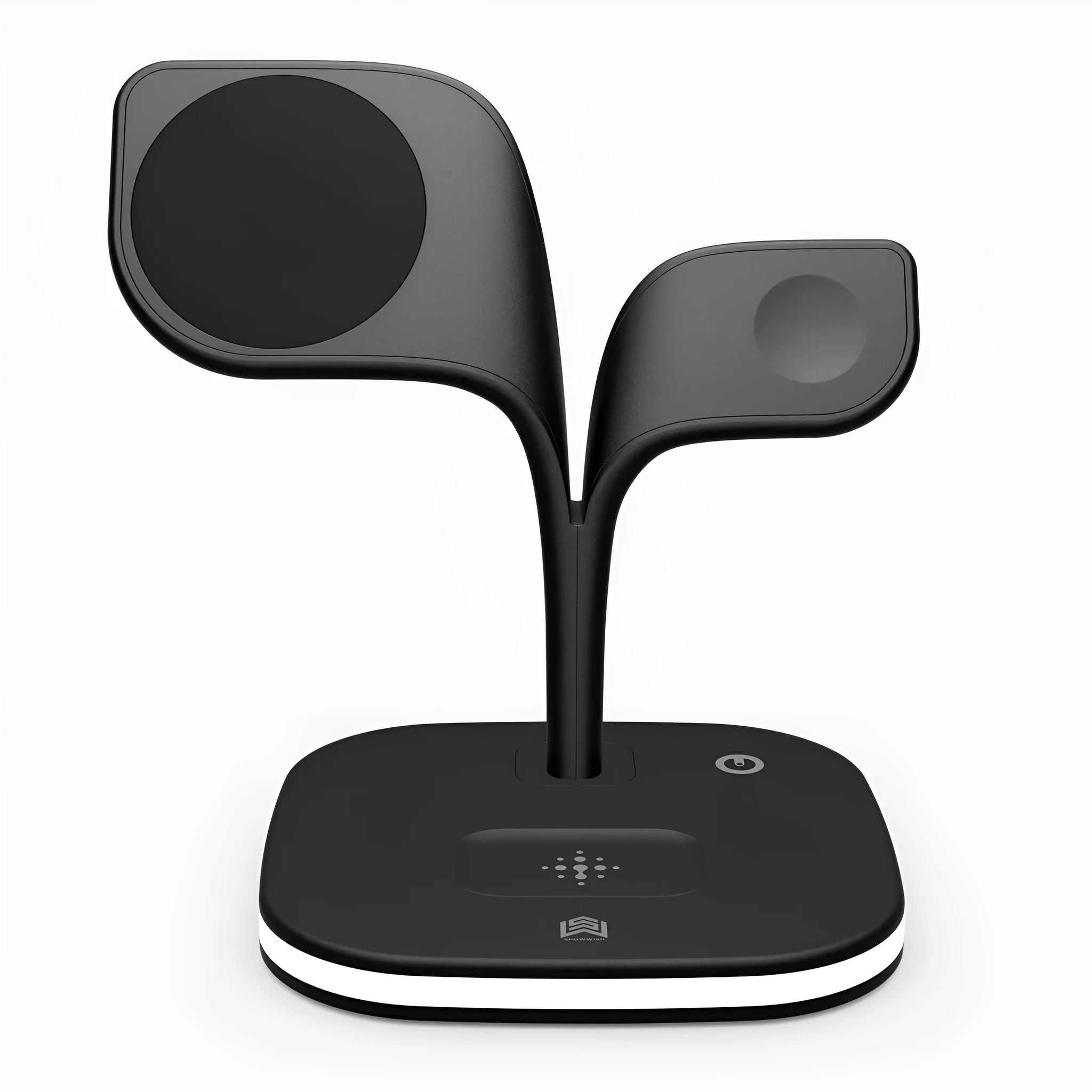 Black 3-in-1 wireless charging stand with phone, Apple Watch, and headphones placed on it.