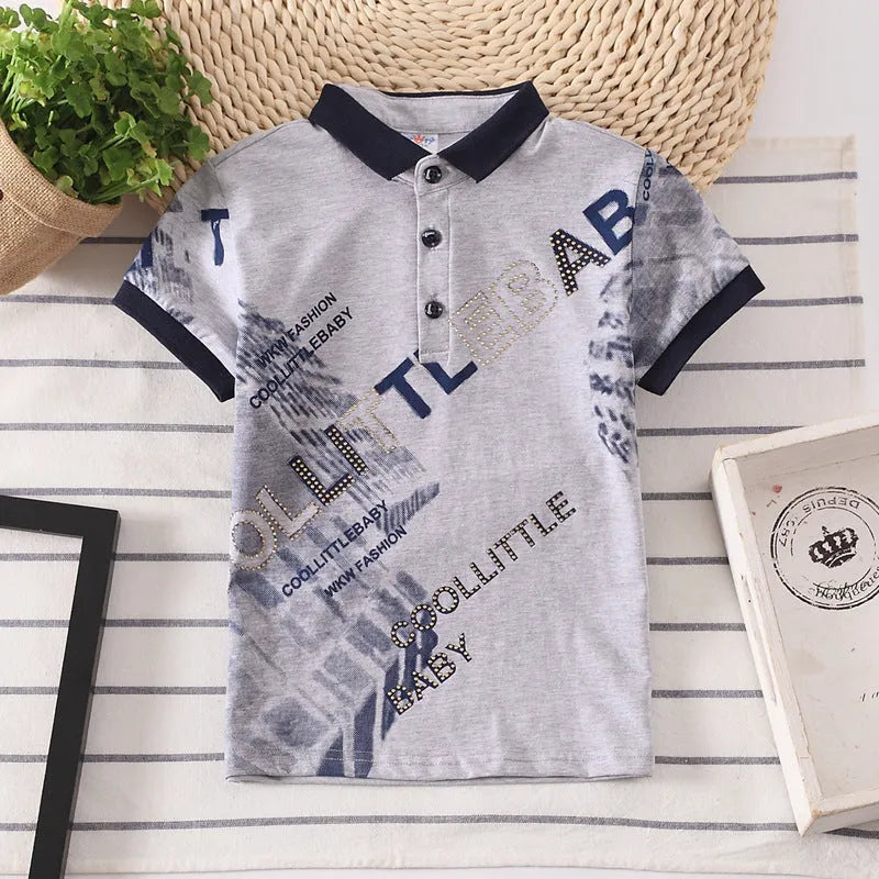 Boys short sleeve cotton shirt with lapel collar in solid colours grey red navy white.