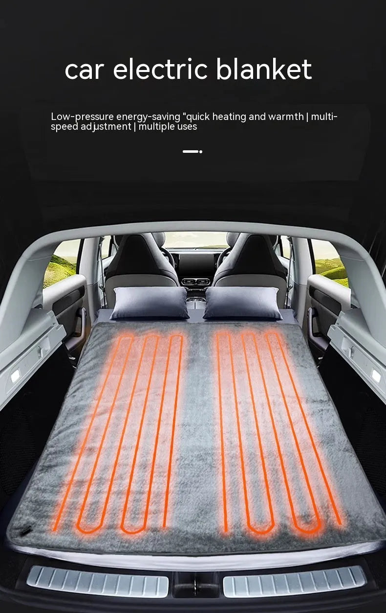 Grey double-sided 12V car electric blanket showing cigarette lighter plug and intelligent temperature control.
