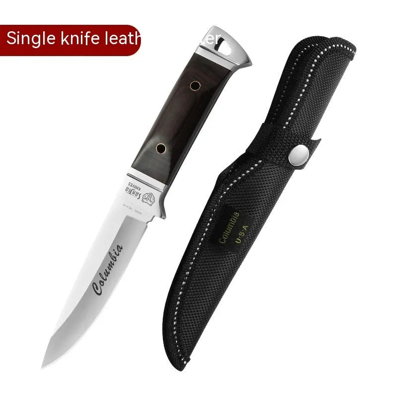 Camping multifunctional portable fruit knife with leather sheath case showing stainless steel blade and national style design