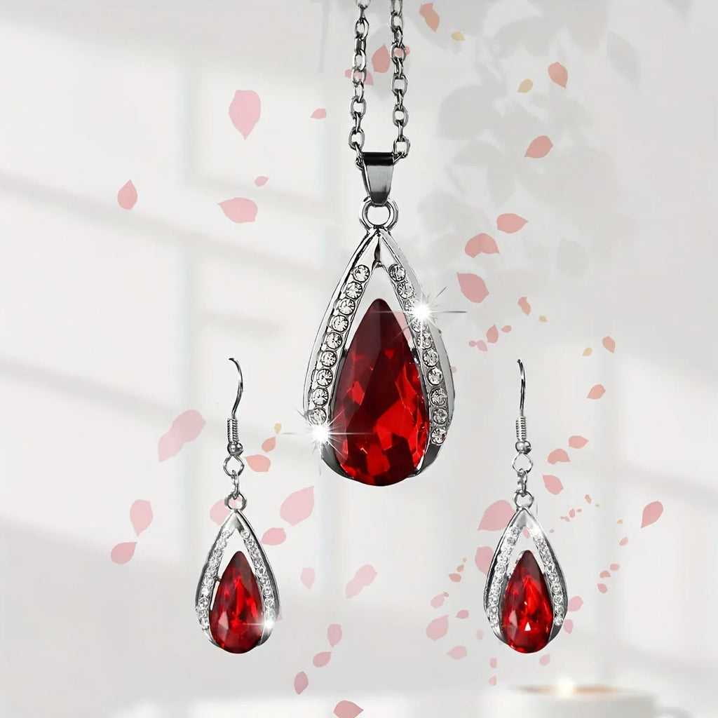 Alloy teardrop pendant necklace and earrings set in black or red colour options