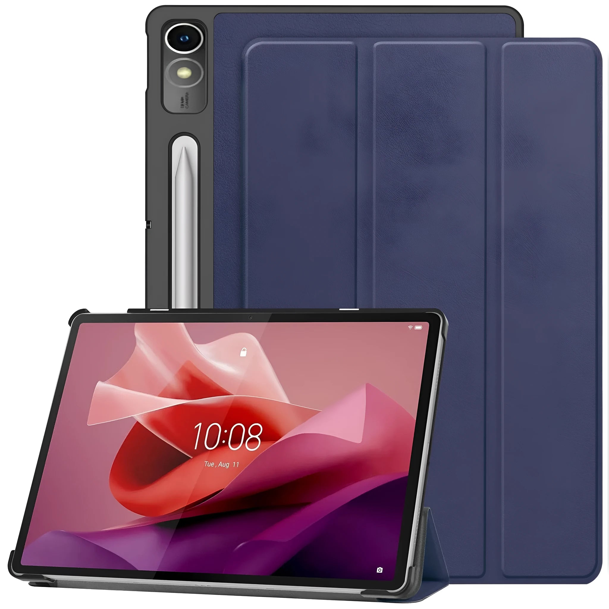 Lenovo Tab P12 tablet case in a selected colour with three-fold stand deployed showing magnetic bracket.