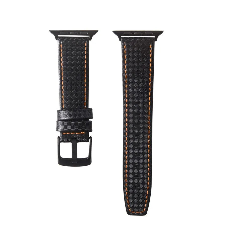Leather and carbon fibre iPhone watch strap in black, blue, orange, and red for Apple Watch