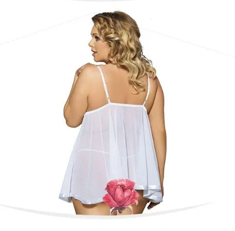 Plus size women's sleepdress with mesh panels and lace detailing in black, available in sizes up to 6XL