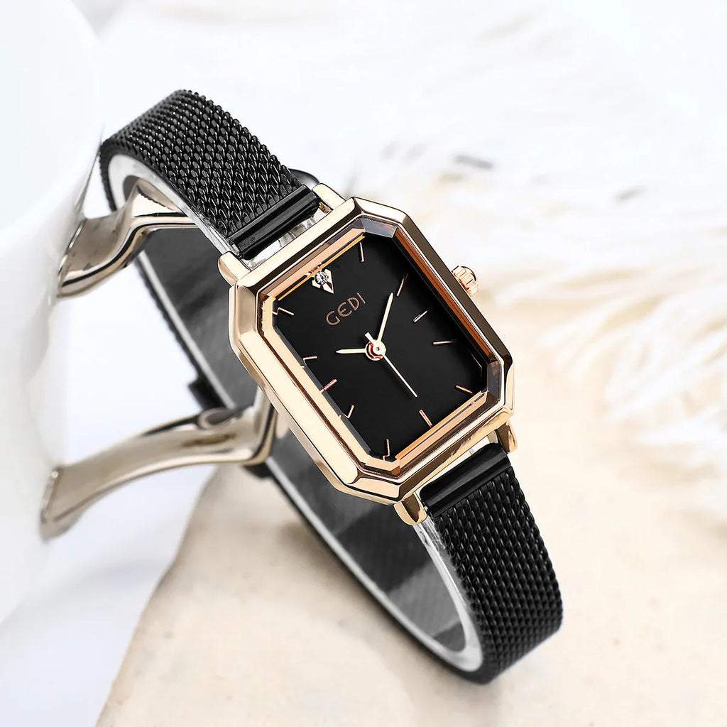 Square retro casual watch for women with rose shell case and choice of coloured dial on wrist.
