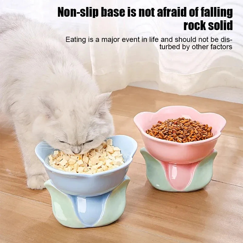 Blue ceramic pet bowl with floral pattern and elevated non-slip design for cats and small dogs