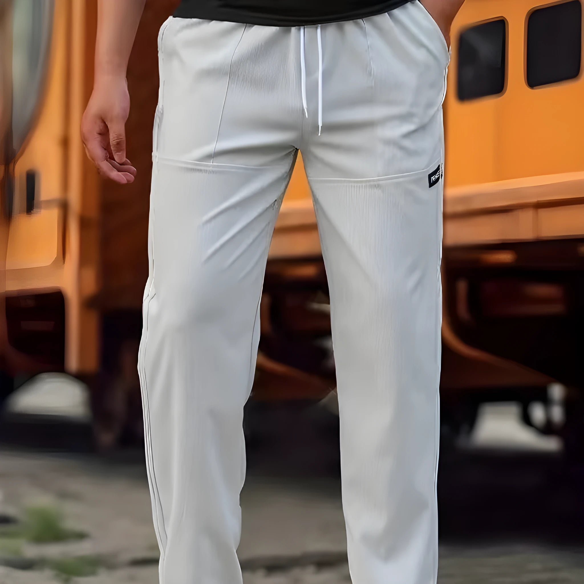 Men's polyester trousers for spring and autumn in light grey colour, showing casual fit.