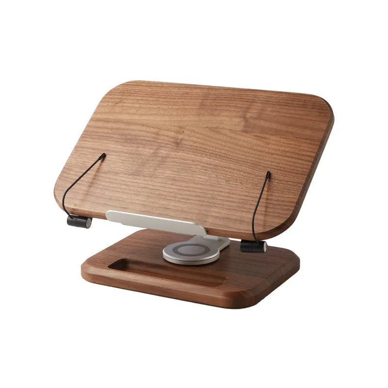 Solid walnut wood adjustable reading rack with rotating mechanism holding book and tablet