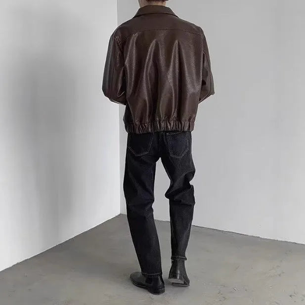 Brown Korean-style casual hip-hop jacket with PU leather outer, polyester lining and straight hem