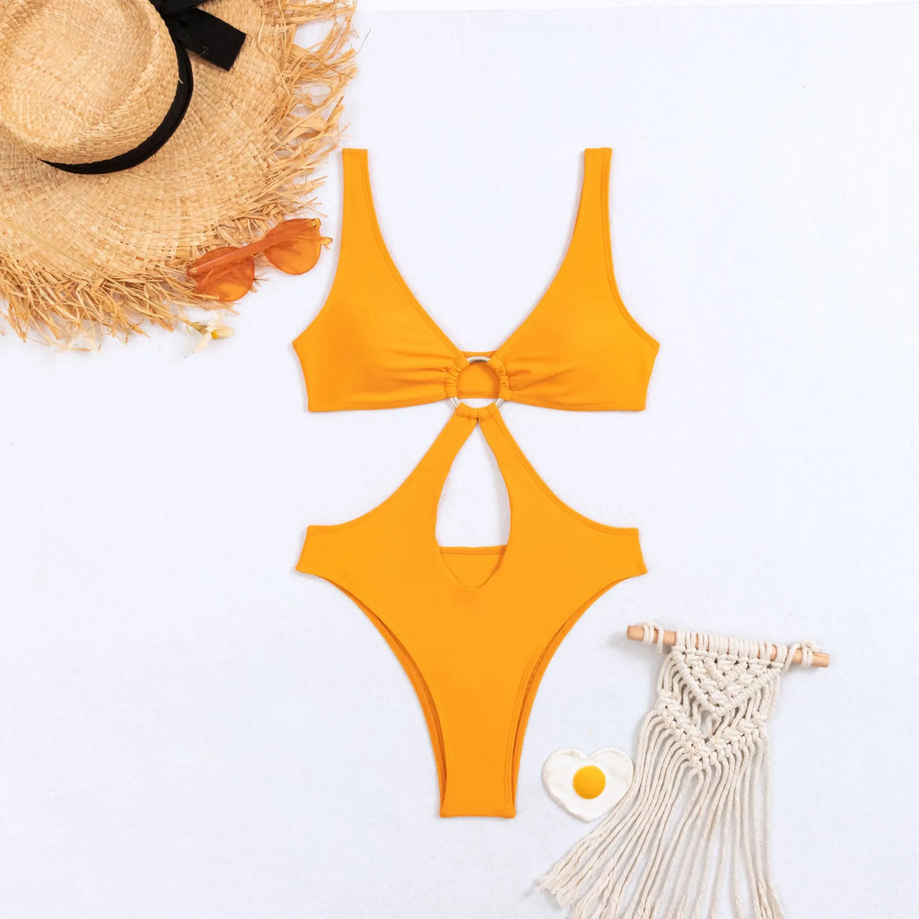 Women's black triangle one-piece sleeveless swimsuit made from nylon fabric