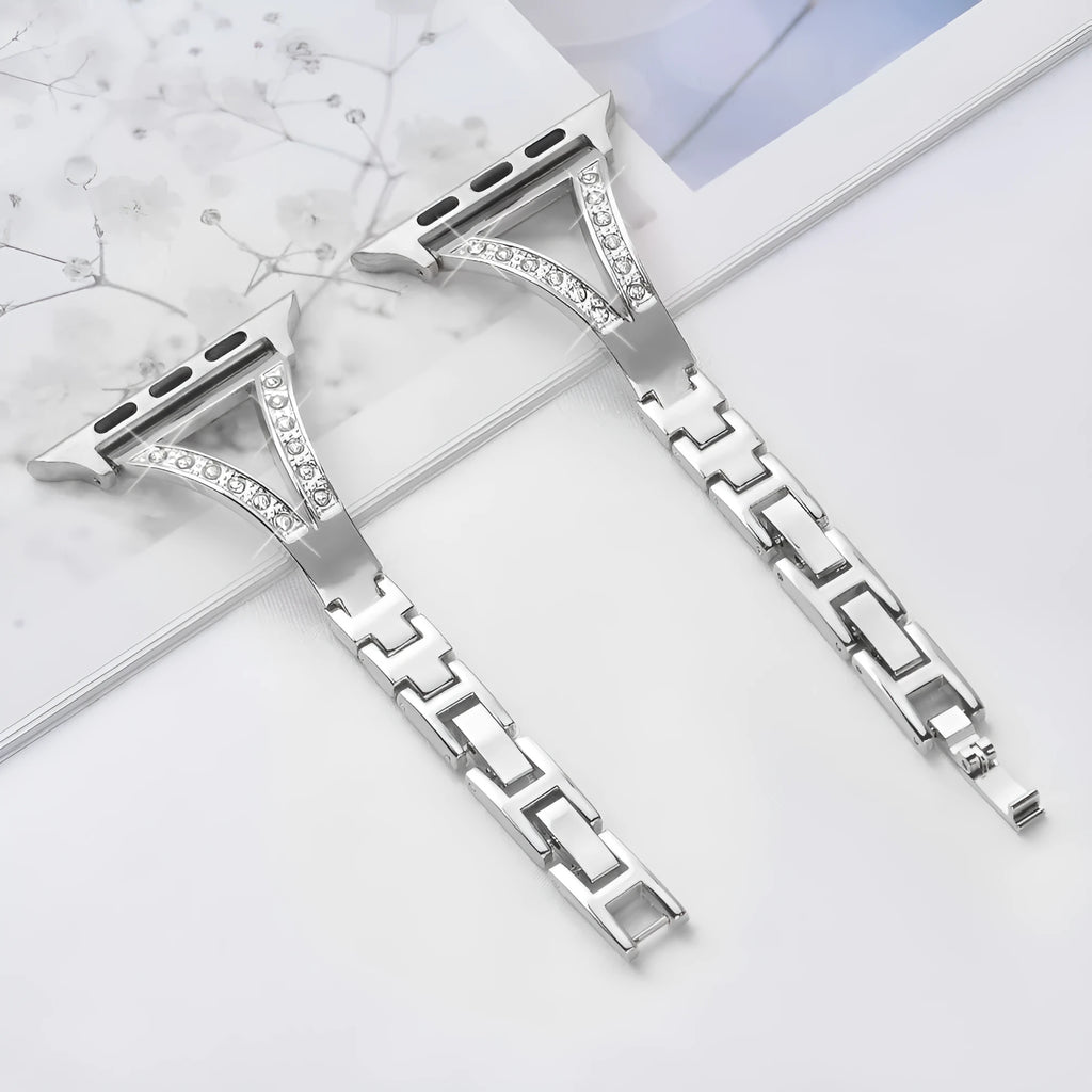 Zinc alloy herringbone pattern smart watch strap with diamond accents for Apple Watch, shown in a silver finish.