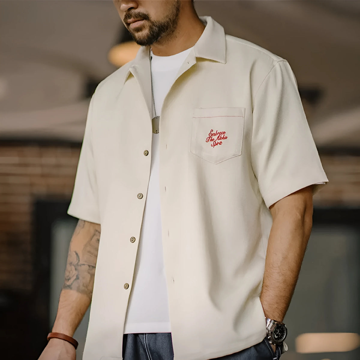 Light apricot men's Cuban collar shirt with bamboo pattern featuring plants and flowers