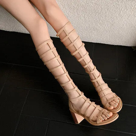 Women's apricot open toe high heel sandal boots with 6-8cm heel and back zipper