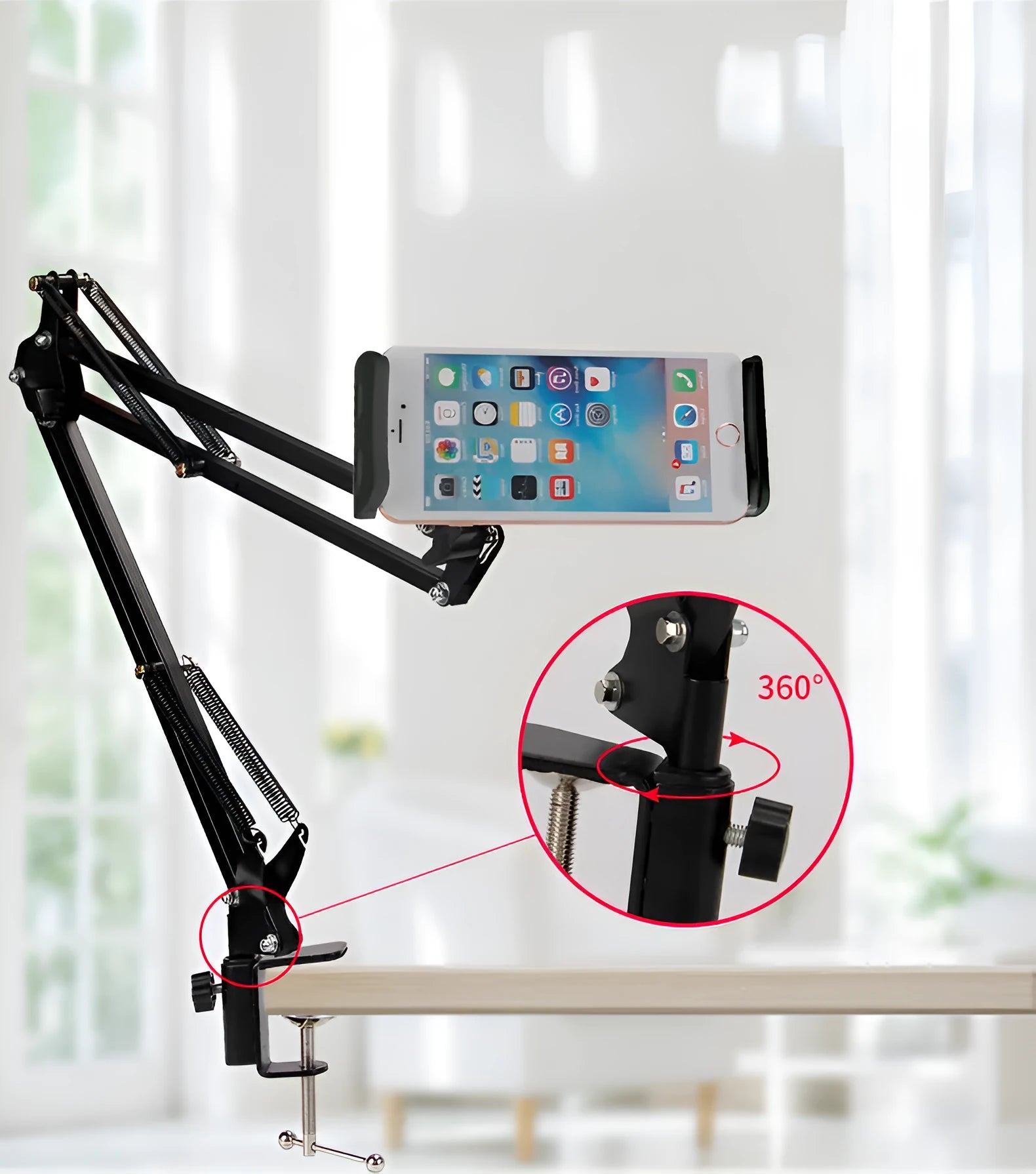 Adjustable black phone tablet stand holding mobile device at eye level