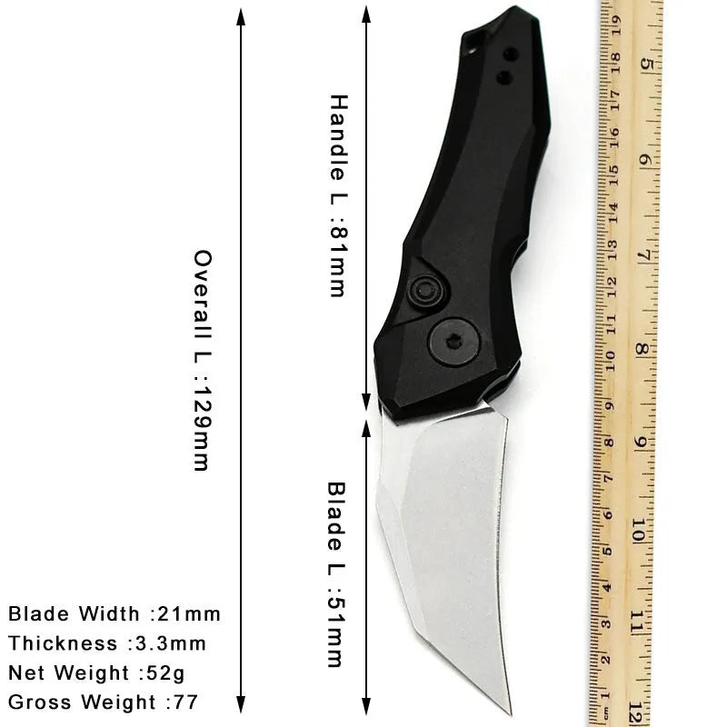 Black folding pocket knife with blade open showing 150mm length.