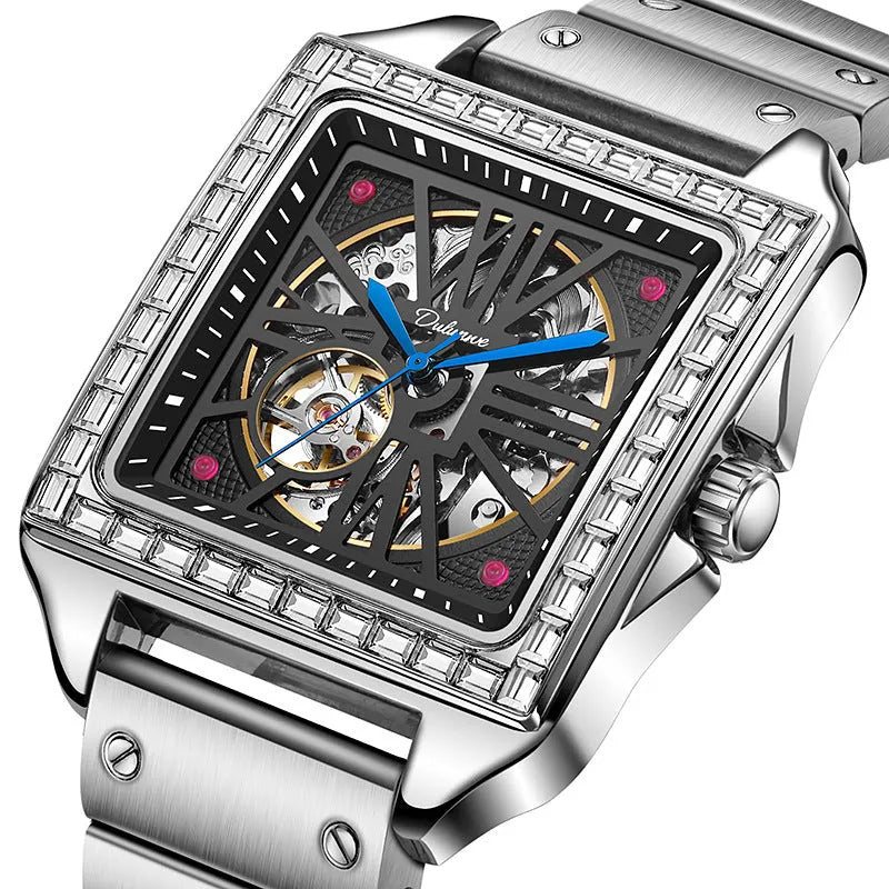Men's square automatic watch with diamond studs on a stainless steel bracelet