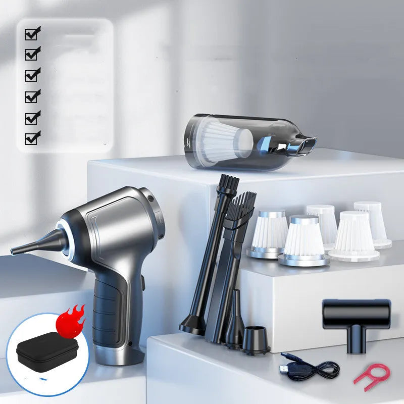 Handheld car vacuum cleaner with brushless motor and inflatable nozzle attachment on grey background