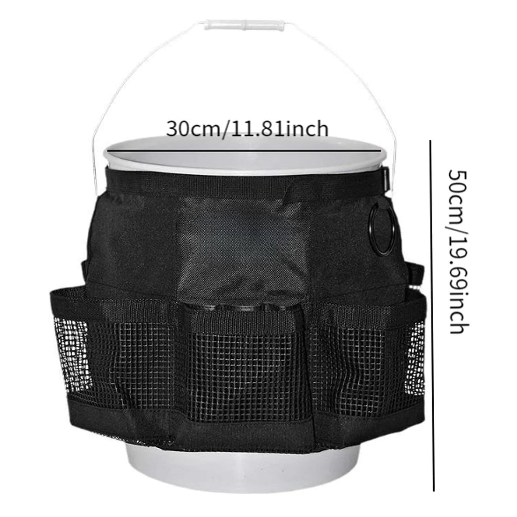 Black cylindrical polyester storage bag hanging on 5 gallon barrel for tool organisation