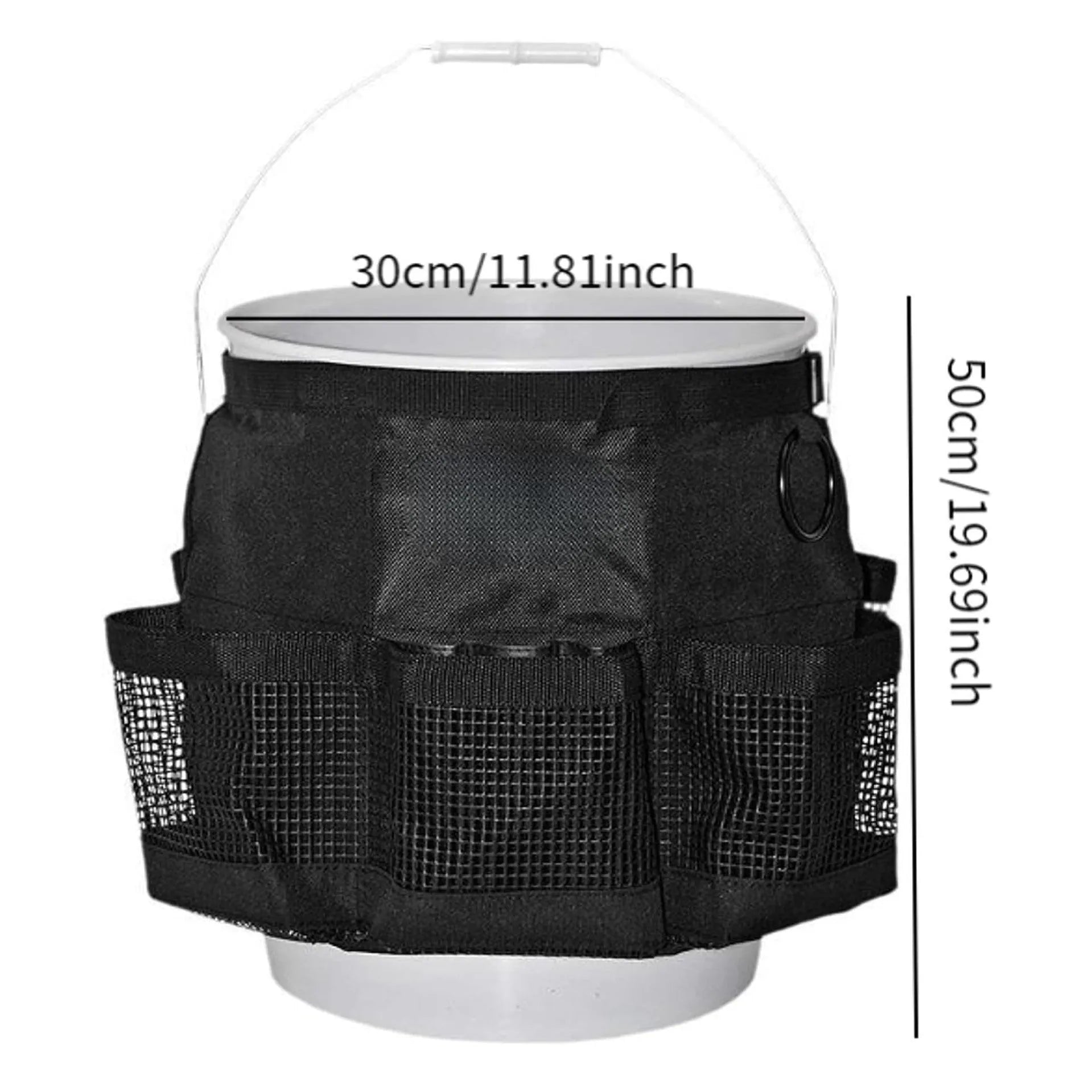 Black cylindrical polyester storage bag hanging on 5 gallon barrel for tool organisation