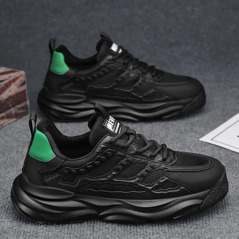 Men's solid colour breathable mesh shoes with round toe, shown in black and white.
