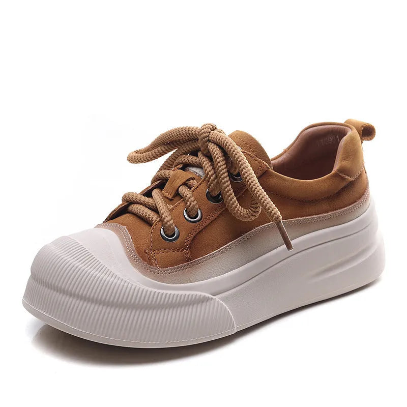Women's yellow and cameo brown full-grain cow leather lace-up casual shoes with round toe and rubber soles