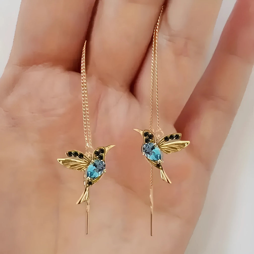 Women's bird hanging long earrings with mixed zirconium wings design in alloy construction with electroplating