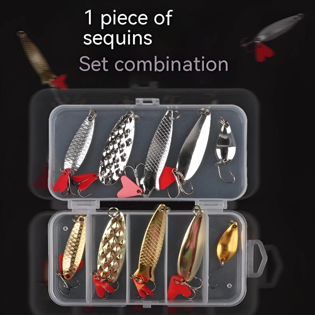 Box of gold and silver metal sequin false bait bodies for fishing lure repair and customisation.