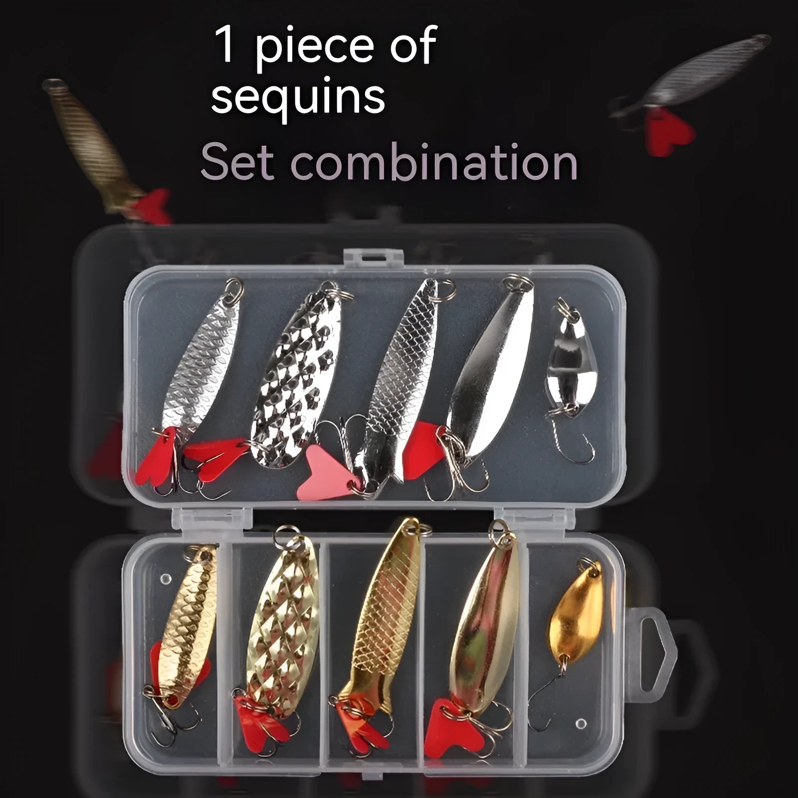 Box of gold and silver metal sequin false bait bodies for fishing lure repair and customisation.