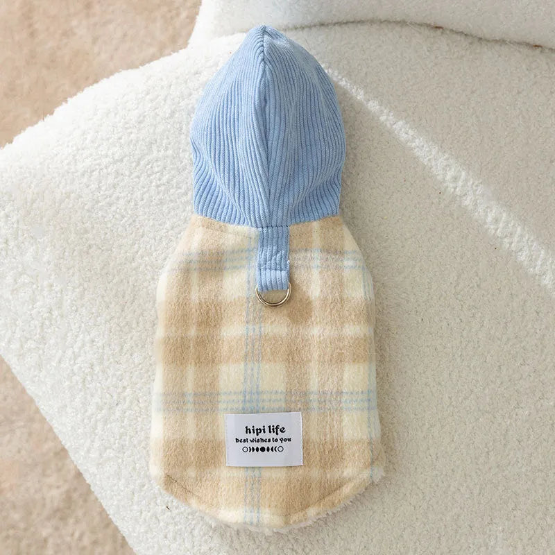 Blue corduroy dog vest with chessboard pattern and hood, size guide showing weight ranges
