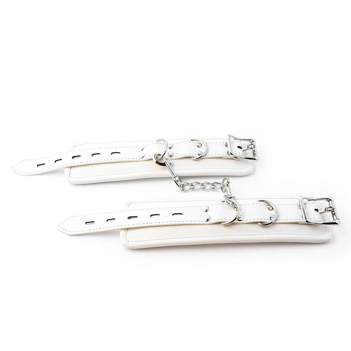 White PU sponge bondage restraint set showing handcuffs, foot cuffs, and a neck scarf.