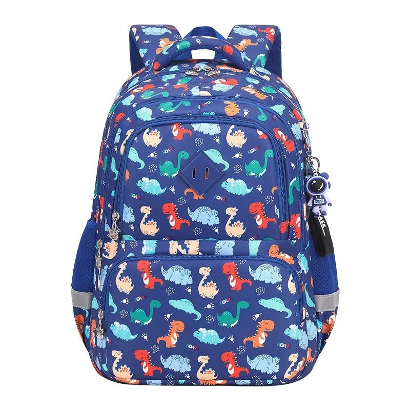Waterproof Oxford cloth children's school backpack with dinosaur print design and curved shoulder straps
