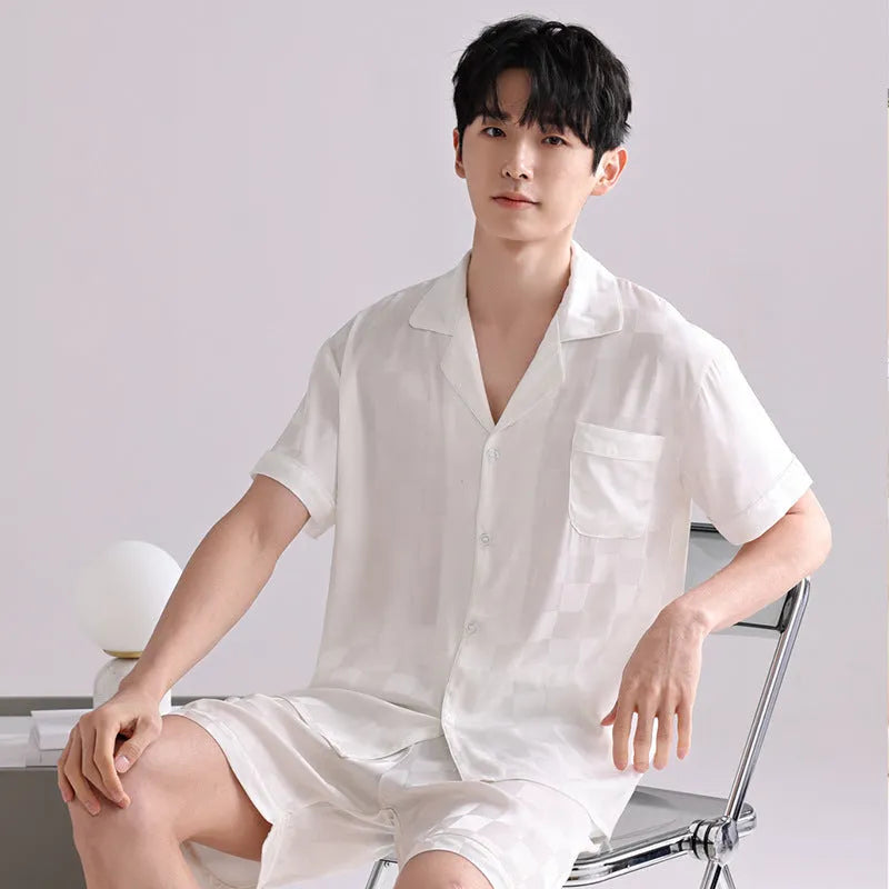 Men's ice silk pyjamas set showing cardigan-style top and shorts in satin jacquard pattern