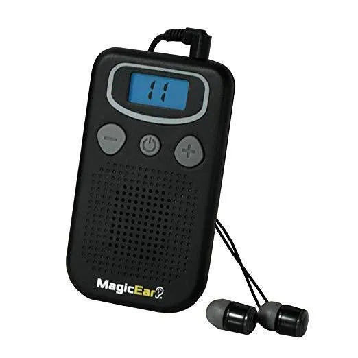 Digital display personal hearing amplifier in brilliant colour with handheld FM radio design
