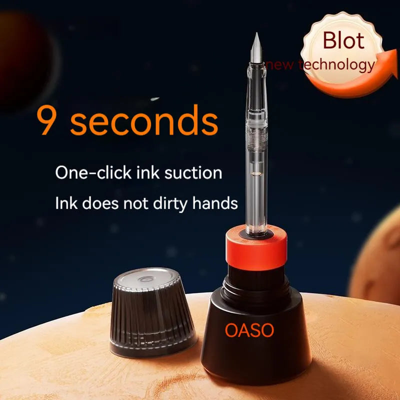 Automatic suction fountain pen set with 0.38mm or 0.5mm nib choice, 40ml ink bottle, and protective handbag