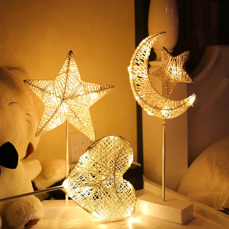 Rattan woven LED decorative table lamp in star, heart, or moon shape with copper wire frame and battery operation