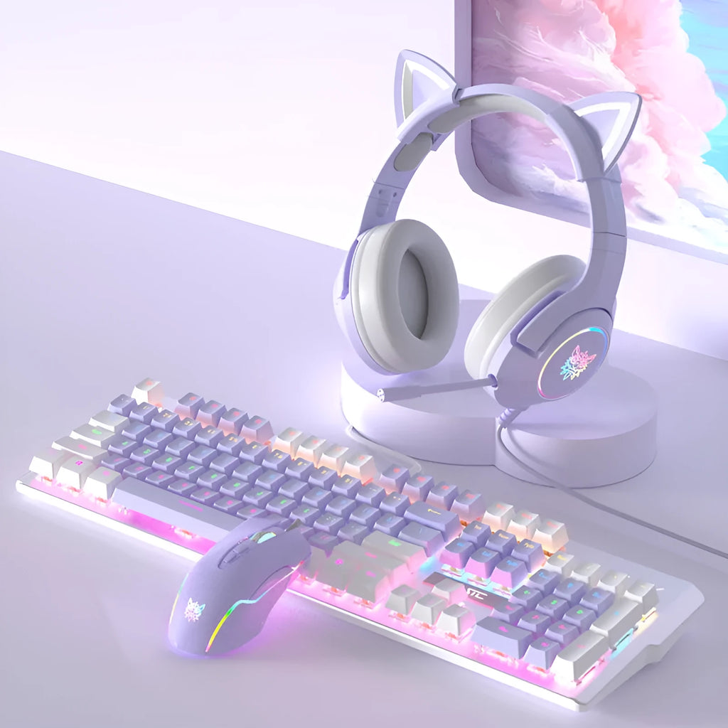 Purple mechanical keyboard and white mouse set with backlighting on wooden desk