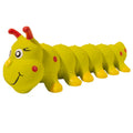 Yellow caterpillar rubber dog squeaky toy for small medium breeds on white background