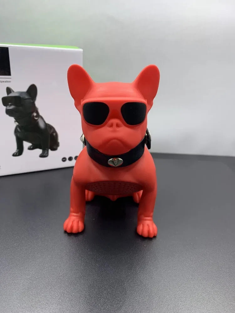 Mini portable Bluetooth speaker shaped like a bulldog in black, red, or white.