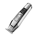Barber scissors with LCD display showing battery level and stainless steel cutting heads