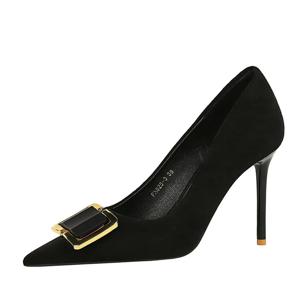 Black suede women's high heels with 9cm stiletto heel and pointed toe