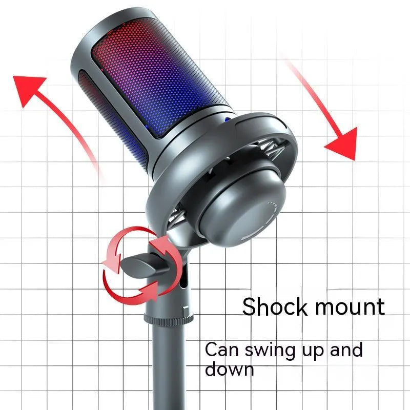 Condenser microphone with RGB lighting in black, white, or pink colour for live streaming on PC.