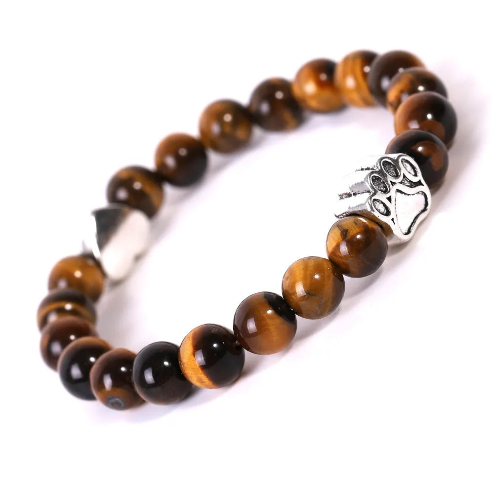 Tigereye and Indian Agate stone bracelet with a geometric dog's paw and love heart design on a round beaded band.