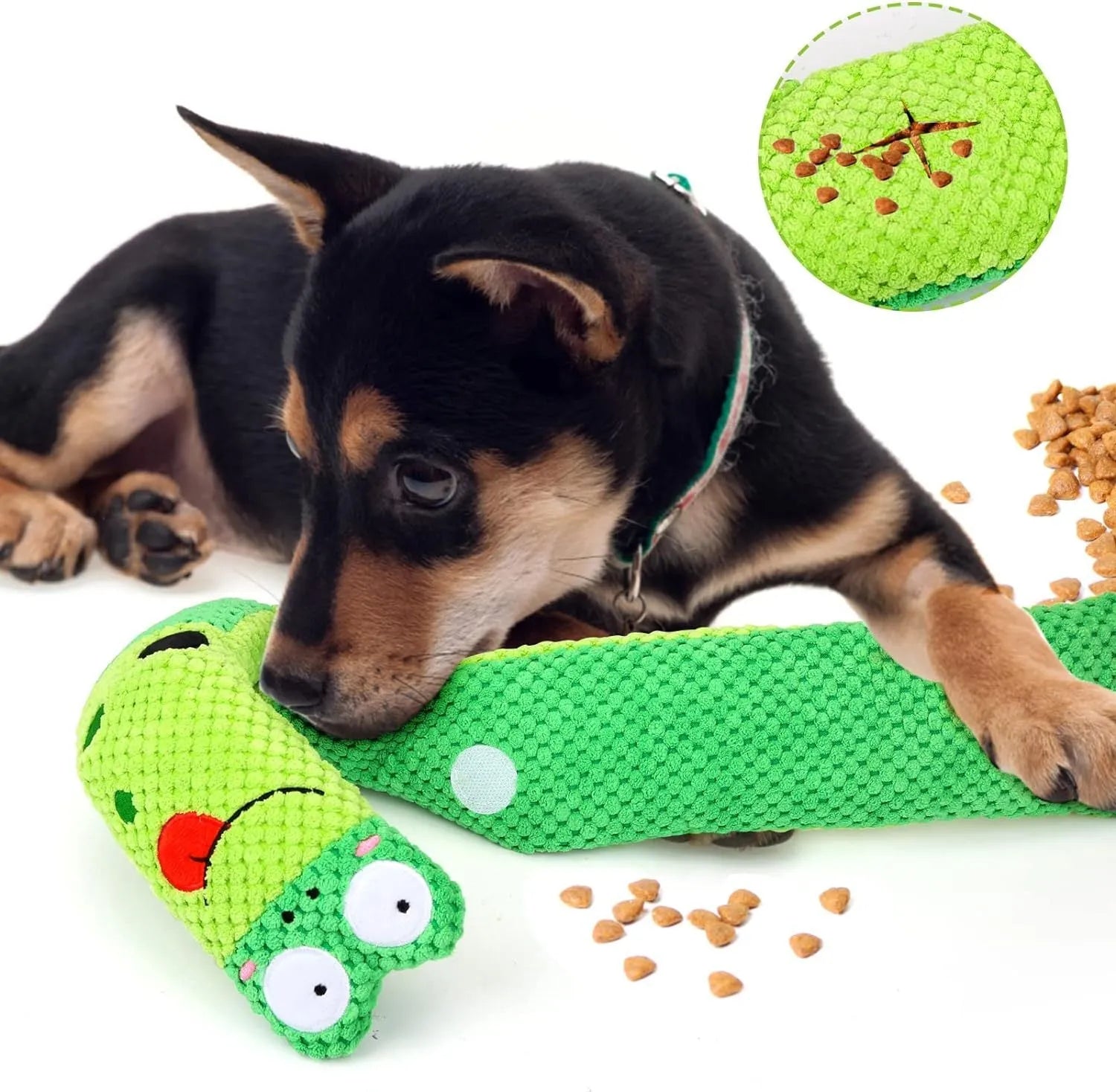 Squeak dog puzzle toy in frog snail or snake design with foraging holes and transformable shape
