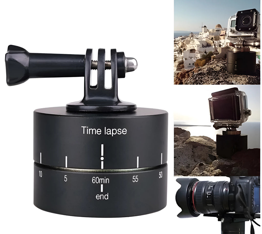 Lapse 360-degree auto rotate camera tripod head mounted on a tripod with a GoPro camera attached.