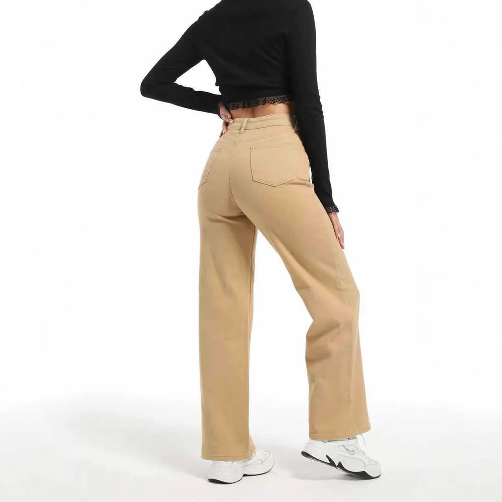 Women's straight leg wide jeans in apricot and khaki colours showing high waist design and trouser length