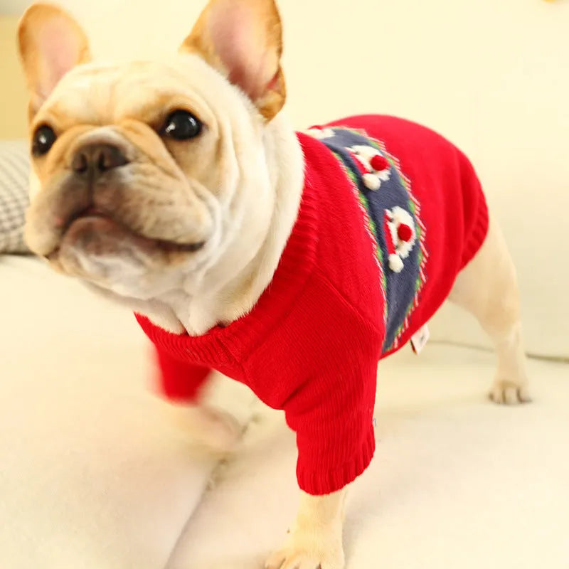 Red acrylic pet Christmas sweater with bust 50-62cm and length 30-42cm, sizes S to XL