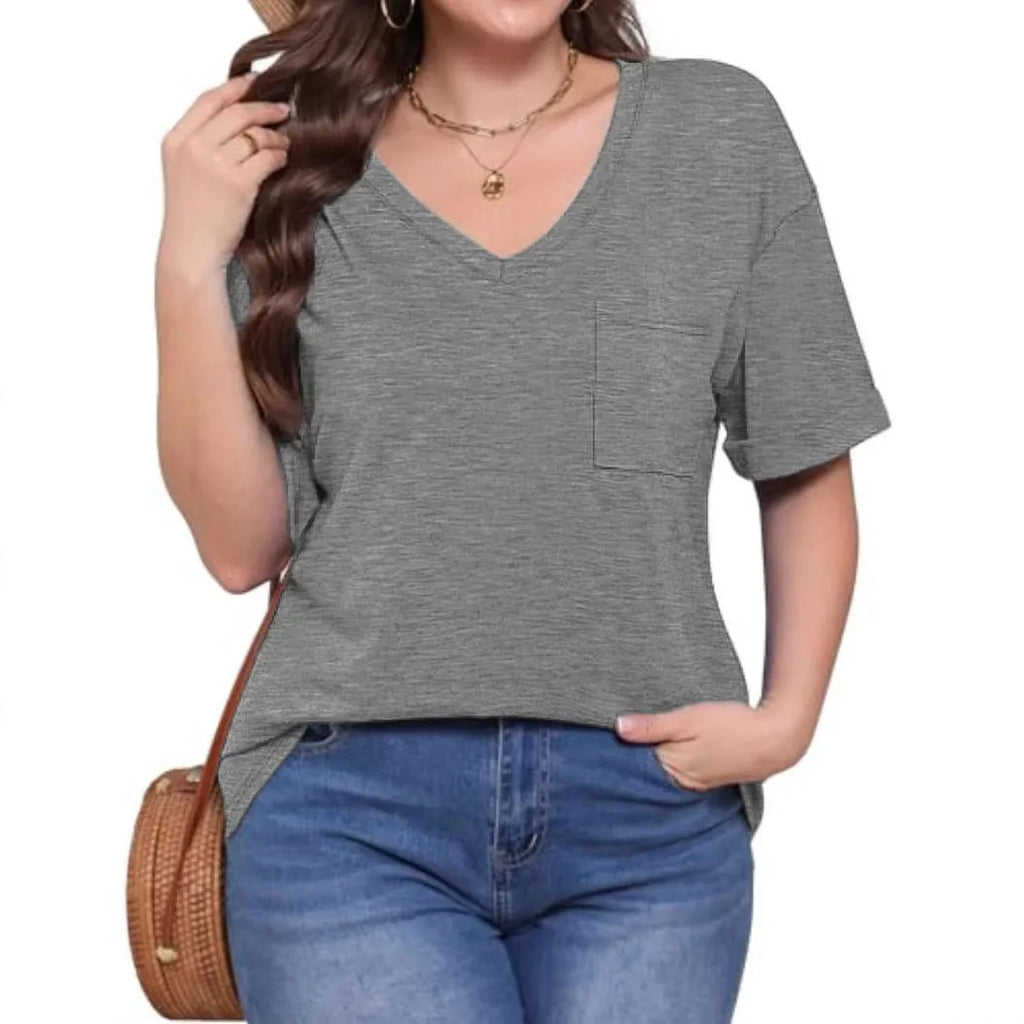 Grey loose fit V-neck t-shirt with chest pocket on mannequin