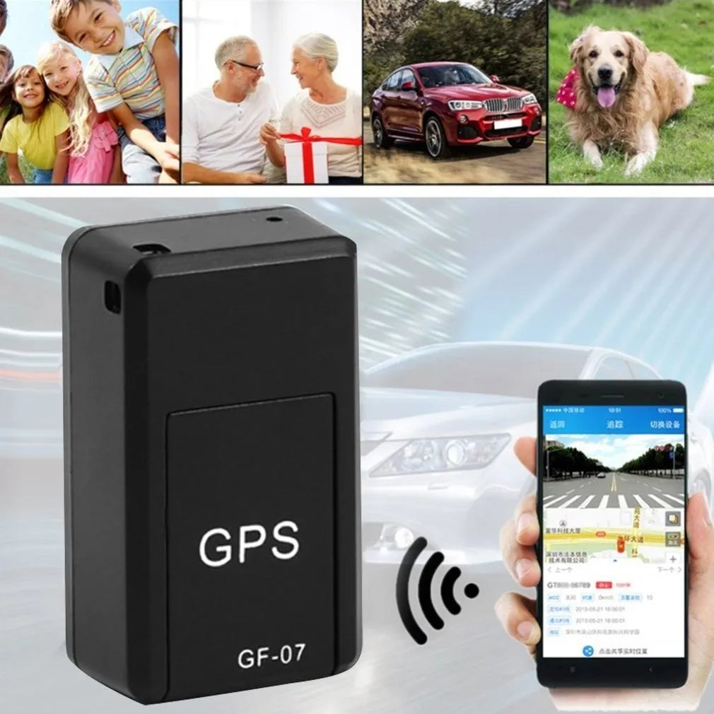 Small black plastic magnetic GPS tracker device with USB charging cable.